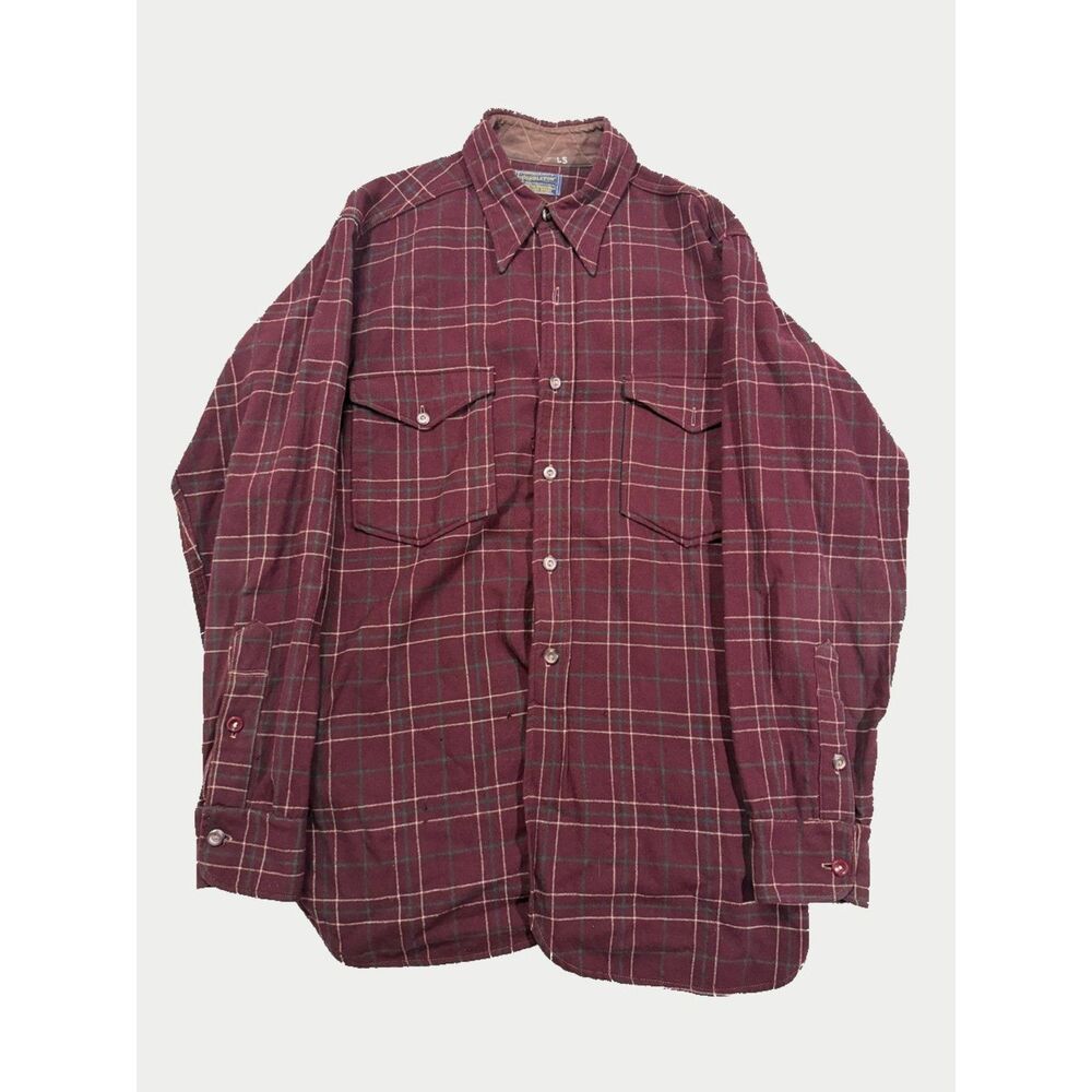 1940s Pendleton 100% Virgin Wool Flannel Shirt Burgundy Plaid Flap Pockets LS